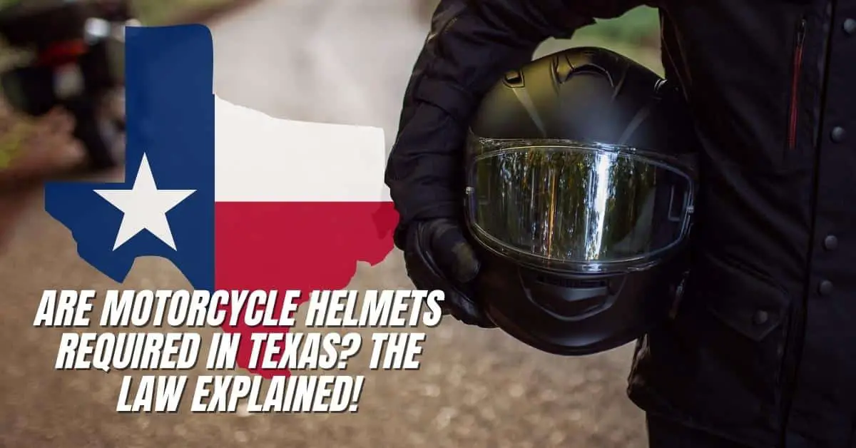 Black helmet in the hands of a man wearing a black motorcycle jacket seen up close. Texas map on the left of the image can also be seen.