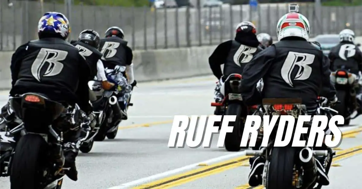 Back of several riders seen wearing the Ruff Ryders jackets on sports bikes.