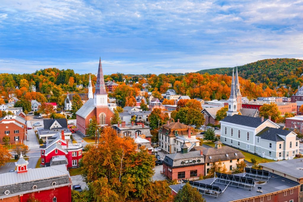 Burlington, Vermont, USA autumn town skyline.