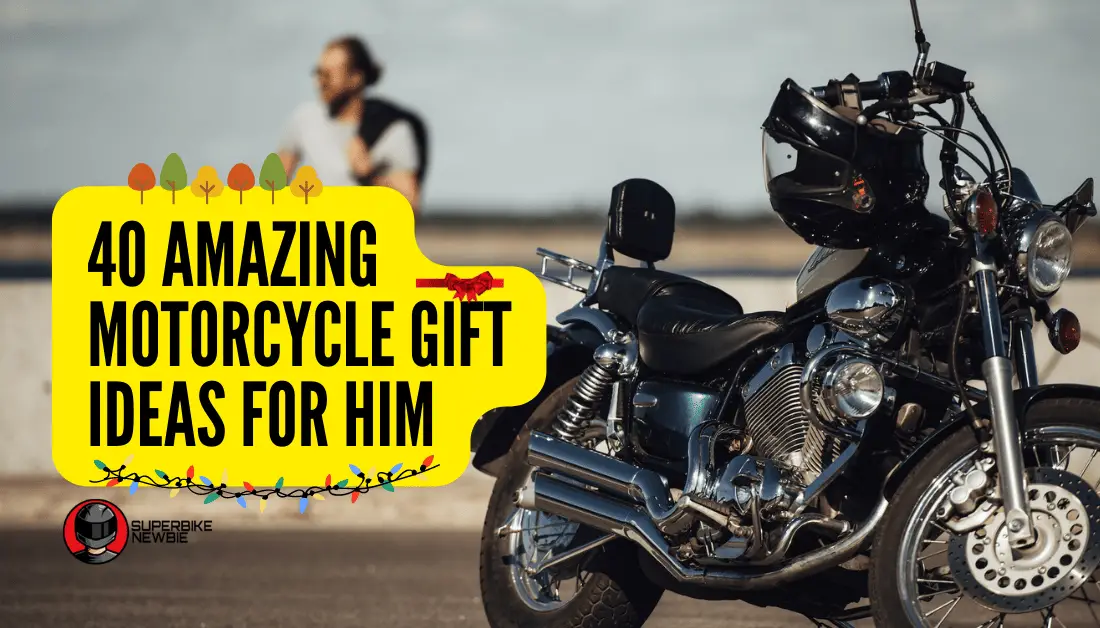 Cruiser motorcycle on the right side of the picture with a man with long hair and a black jacket in the distance and out of focus. The graphic on the left of the image is about gift ideas for a male a motorbiker.