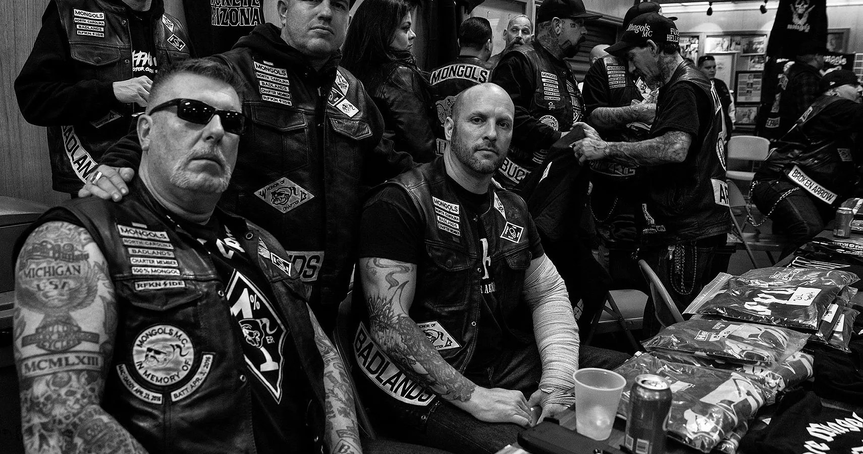Mongols MC members wearing their patches at a club gathering