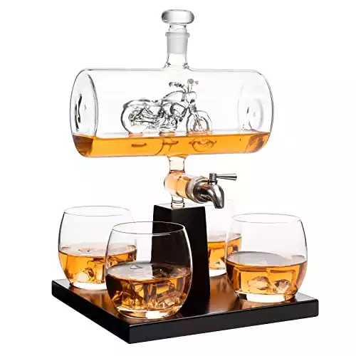 Motorcycle Decanter Whiskey & Wine Decanter Set 1100ml by The Wine Savant with 4 Whiskey Glasses, Motorcycle Gifts, Harley Davidson Motorbike Gifts, Drink Dispenser for Wine, Scotch, Bourbon 19&am...