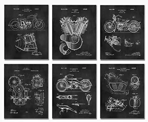 Motorcycle Patent Art Prints - Set of SIX 8"x10" - Wall Decor - Great Gift for Motorcycle Lovers - Chalkboard