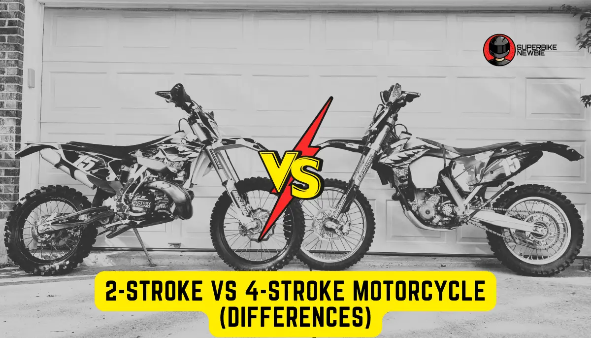 A 2 stroke and 4 stroke motorcycle parked opposite to each other